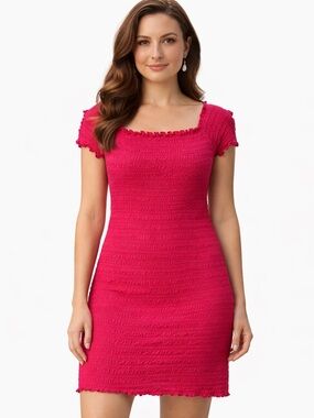 GAP Pink Smocked Mini Dress Off Shoulder Ruffle Stretch Large NWT